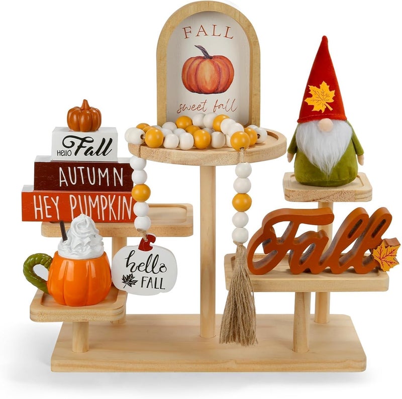 SYNCVIBE Fall Decorations for Home 6PCS Tiered Tray Decor Set, Fall Decor for Shelf Mantel Fire Place Office Desk Kitchen Bedroom Thanksgiving Autumn Table Centerpieces Pumpkin Farmhouse Tabletop Wood Signs - Image 1